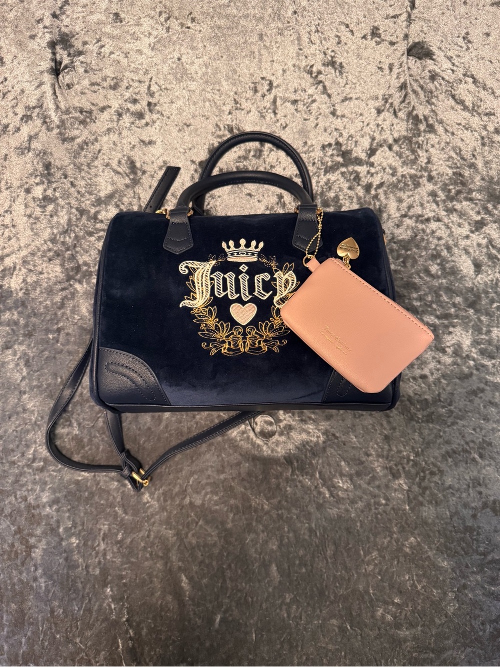 Juicy Couture Navy Velvet Satchel with Pink Card Holder